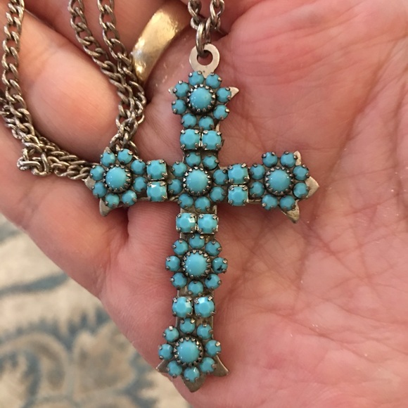 Vintage Jewelry - Imitation turquoise cross pendant